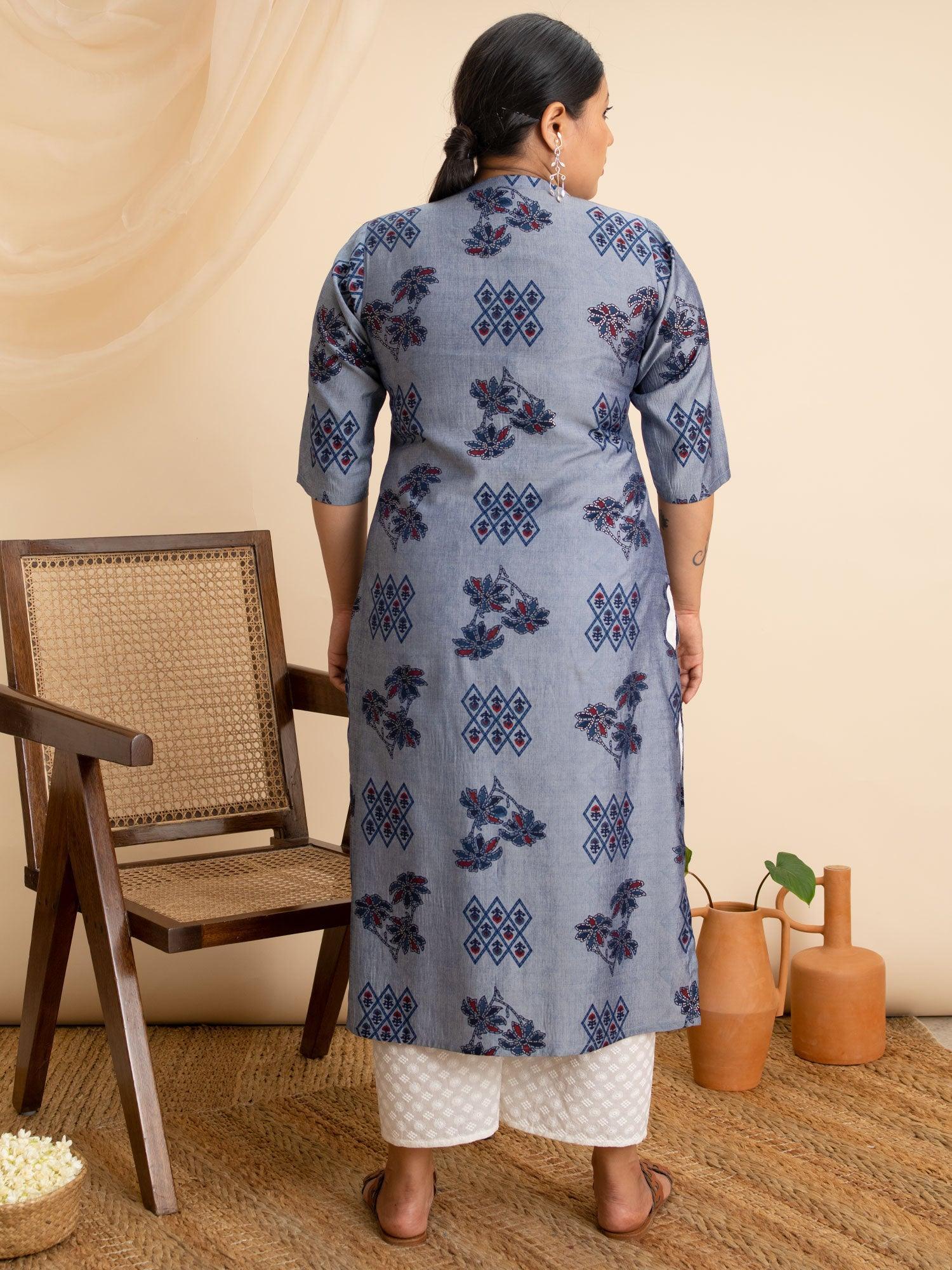 Plus Size Blue Printed Rayon Kurta