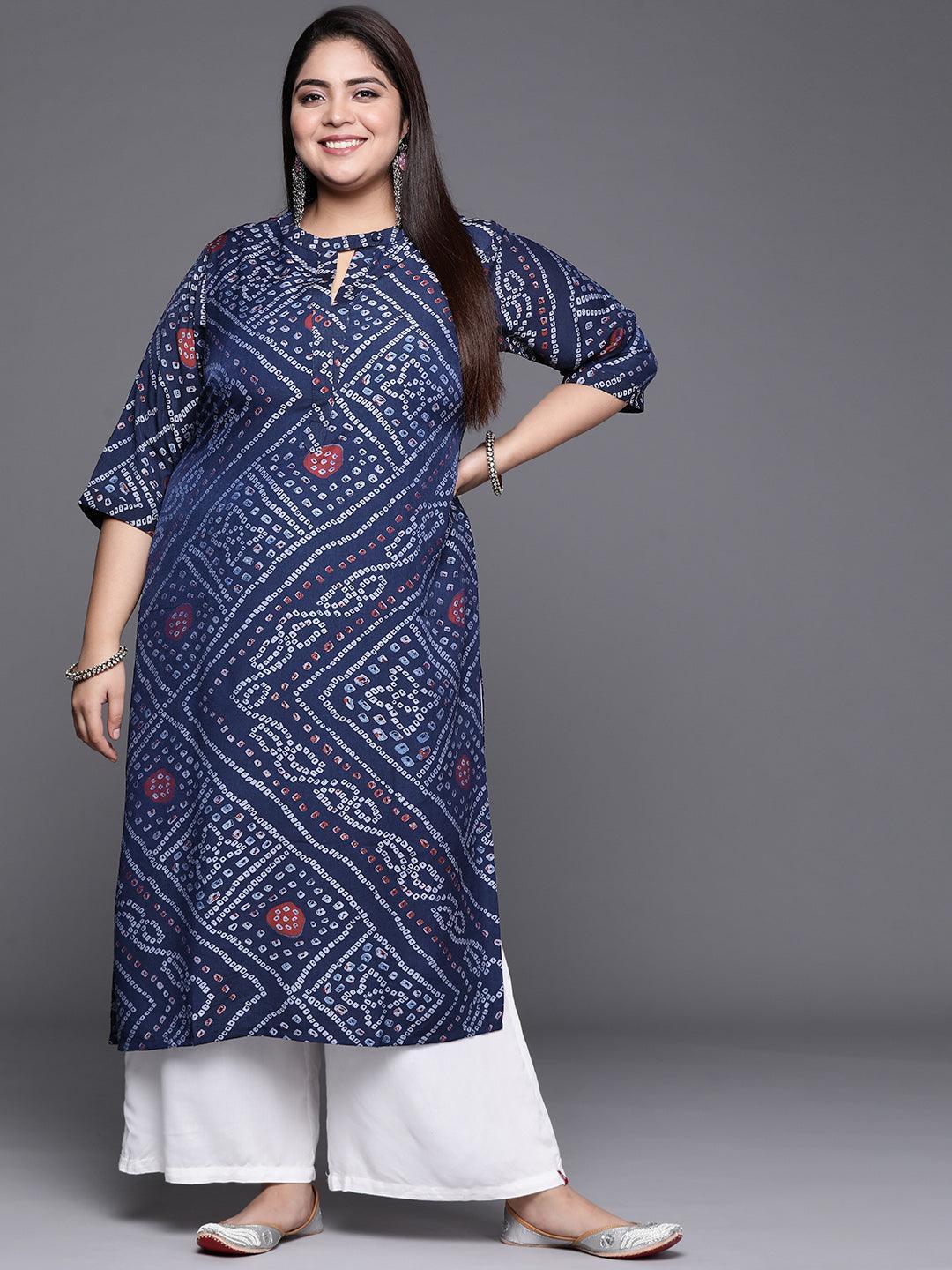 Plus Size Blue Printed Rayon Kurta