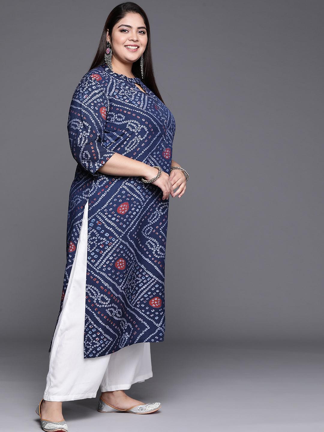 Plus Size Blue Printed Rayon Kurta