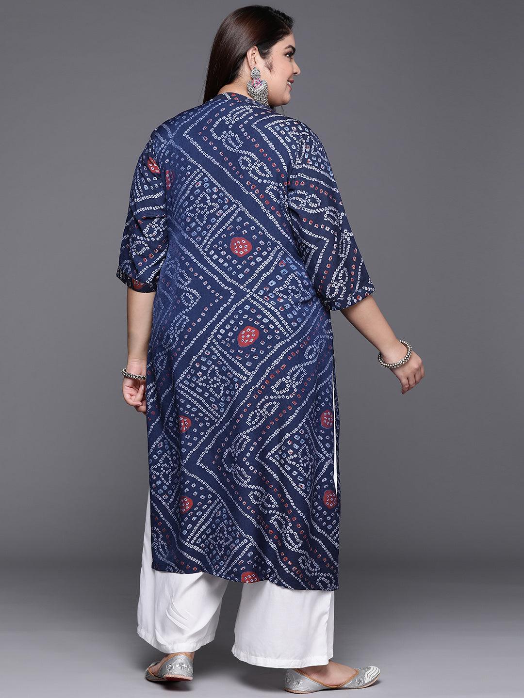 Plus Size Blue Printed Rayon Kurta