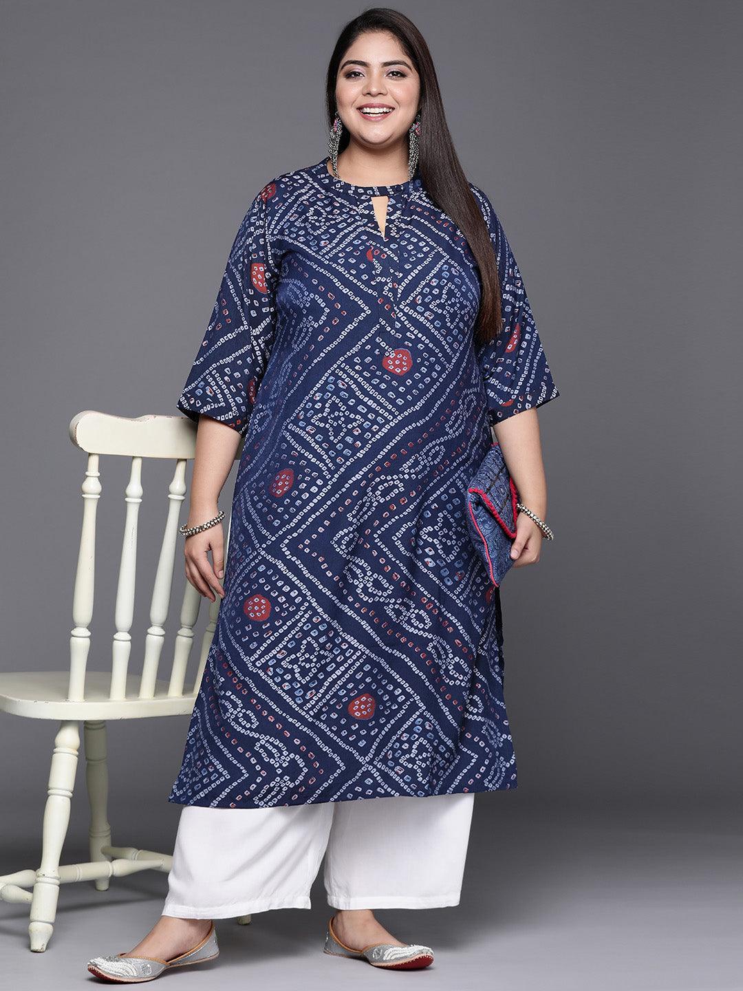 Plus Size Blue Printed Rayon Kurta