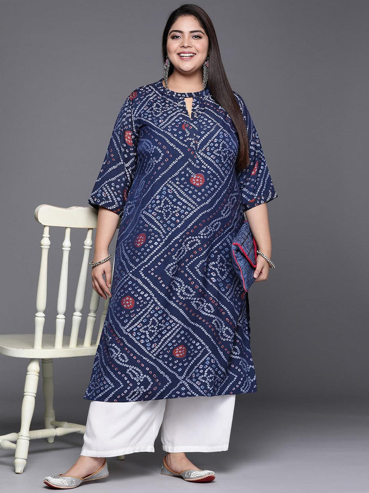 Plus Size Blue Printed Rayon Kurta - ShopLibas