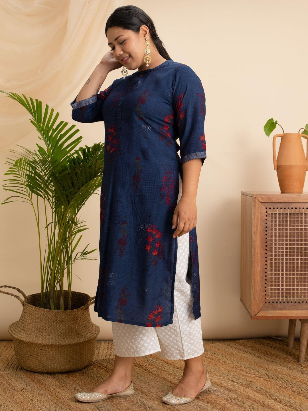 Plus Size Navy Blue Printed Rayon Kurta - ShopLibas