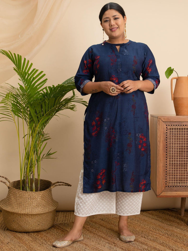 Plus Size Navy Blue Printed Rayon Kurta - ShopLibas