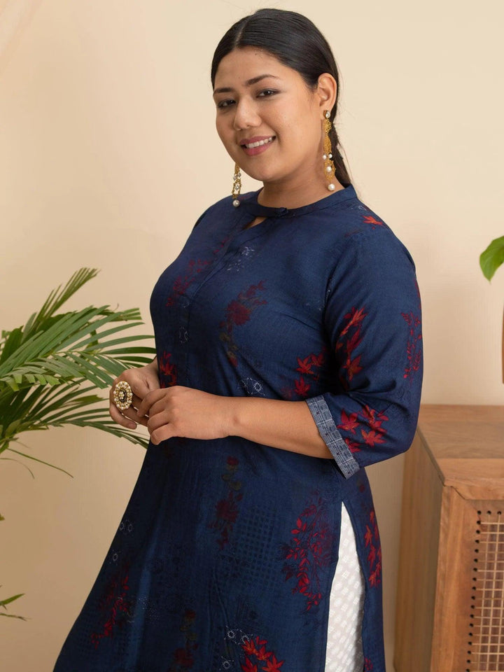 Plus Size Navy Blue Printed Rayon Kurta - ShopLibas