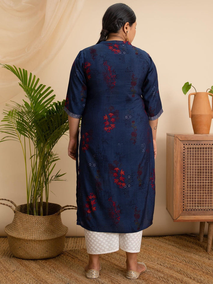 Plus Size Navy Blue Printed Rayon Kurta - ShopLibas