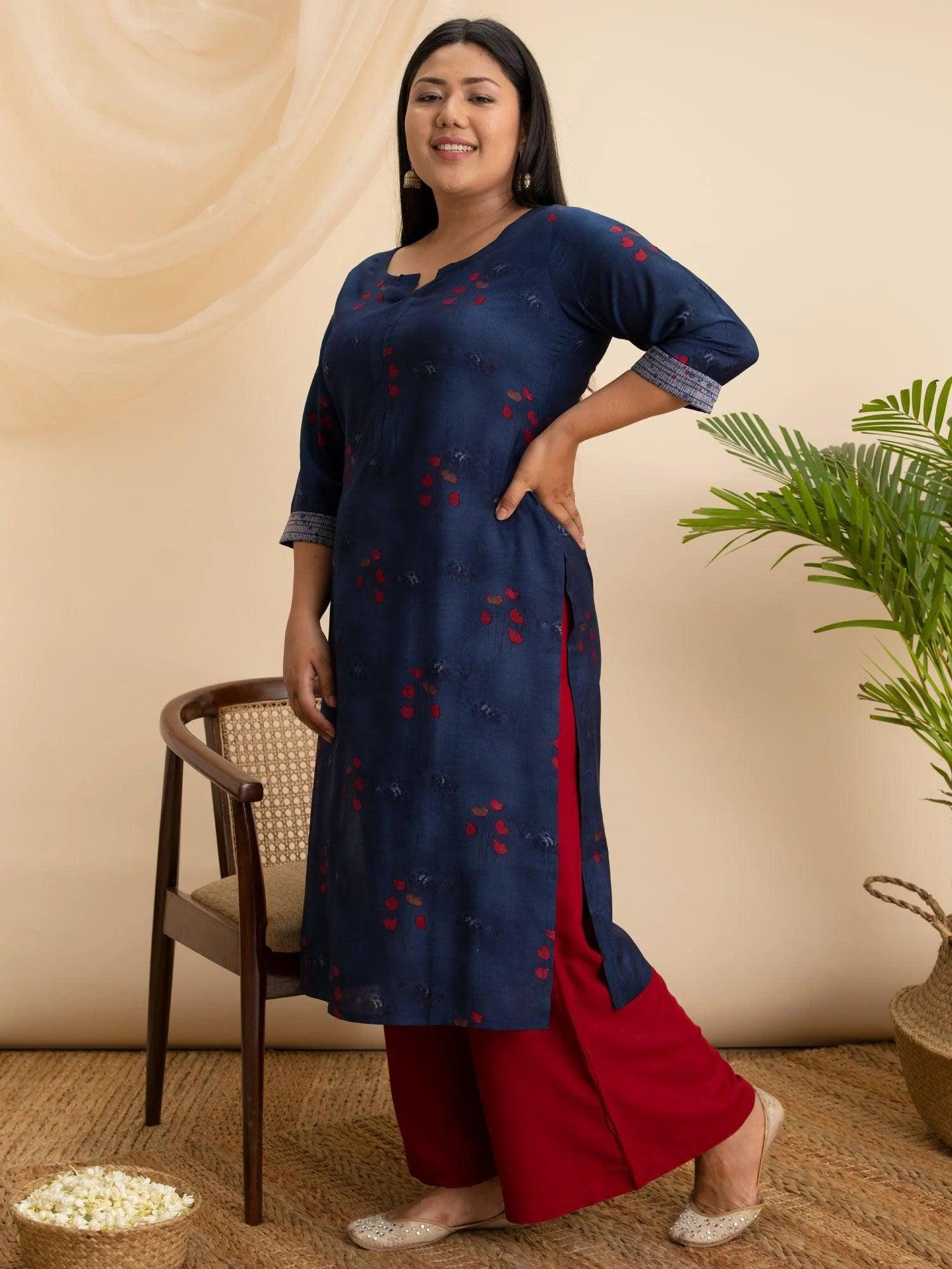 Plus Size Navy Blue Printed Rayon Kurta