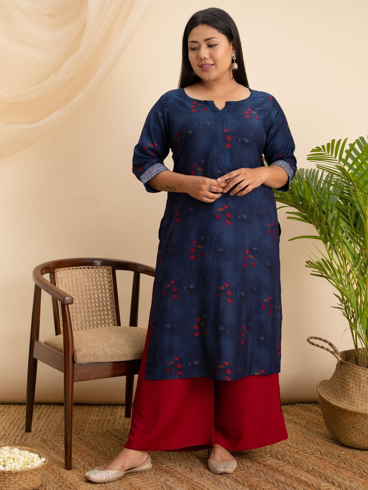 Plus Size Navy Blue Printed Rayon Kurta