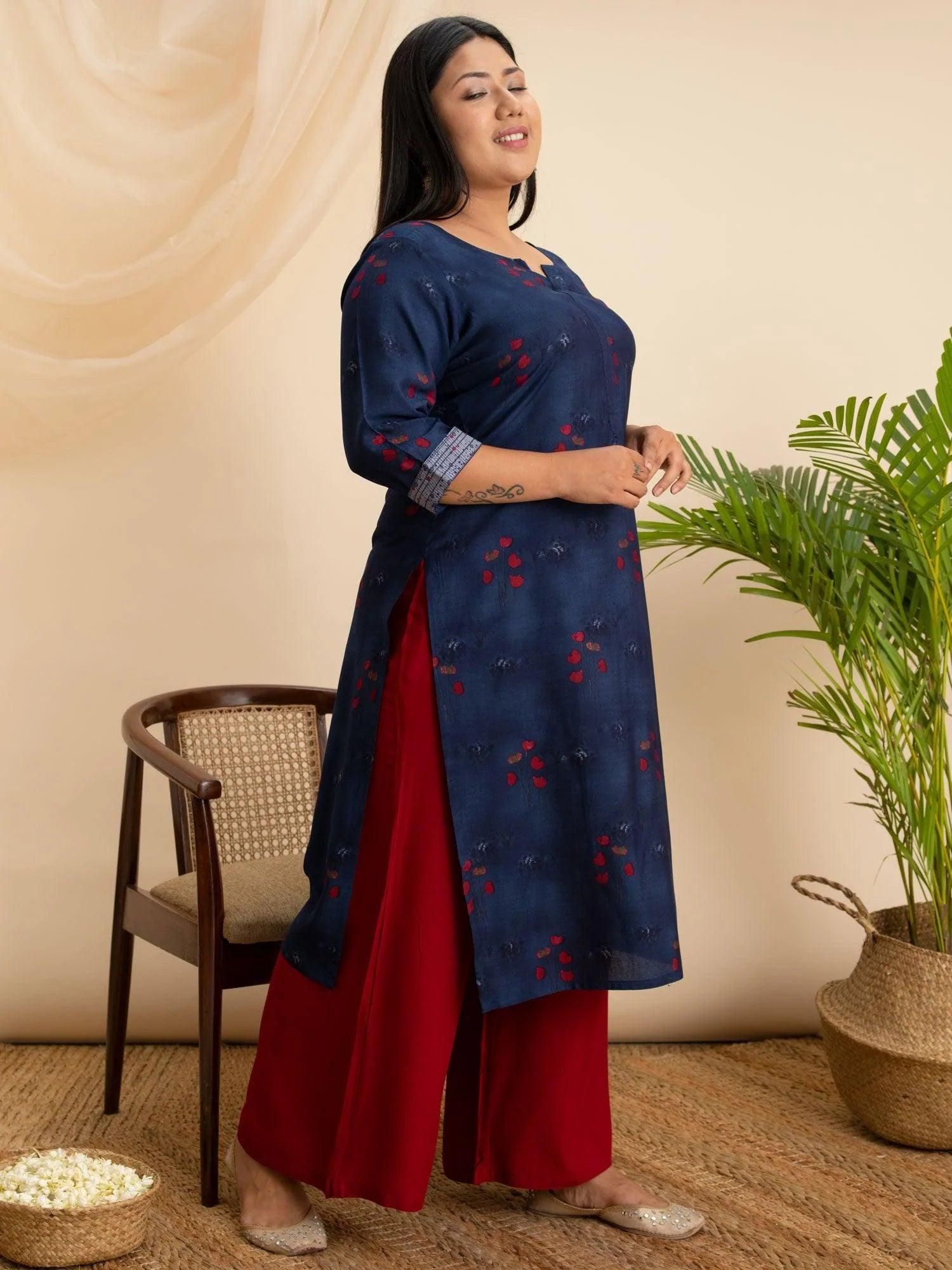 Plus Size Navy Blue Printed Rayon Kurta