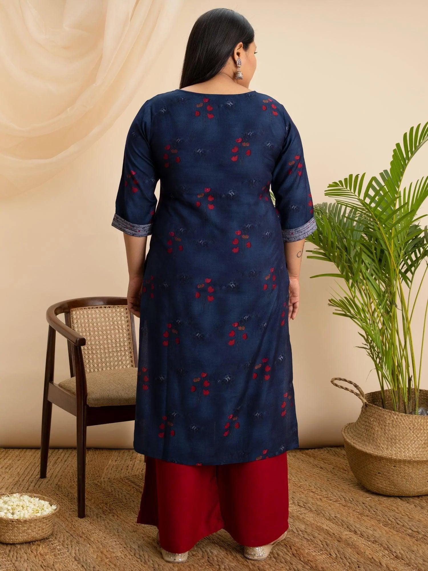 Plus Size Navy Blue Printed Rayon Kurta