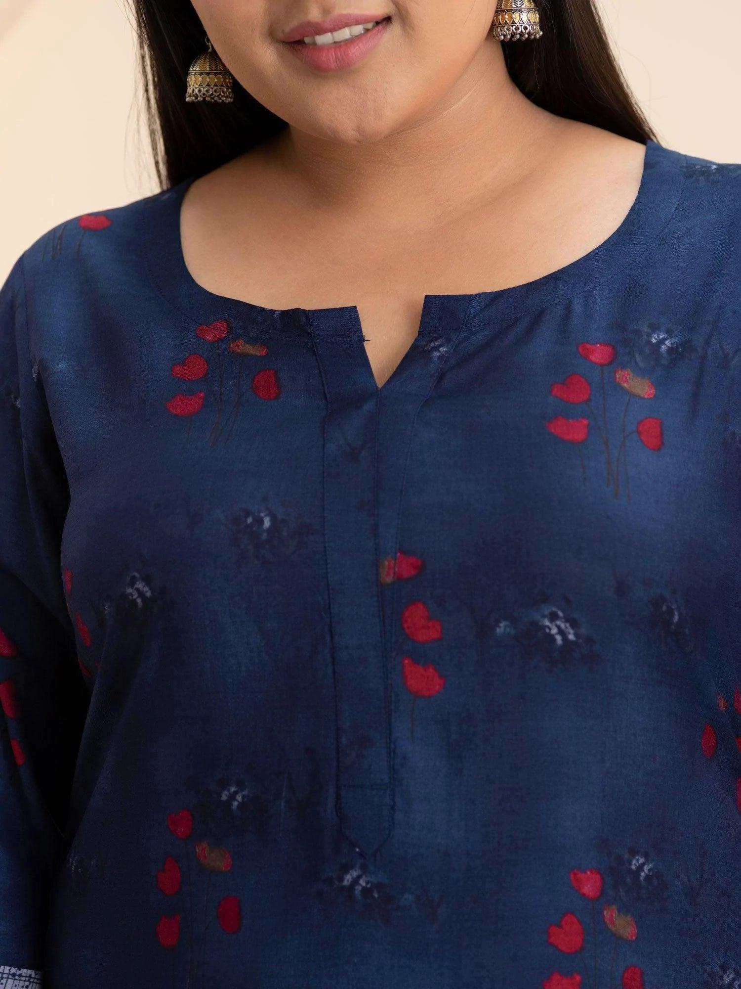 Plus Size Navy Blue Printed Rayon Kurta