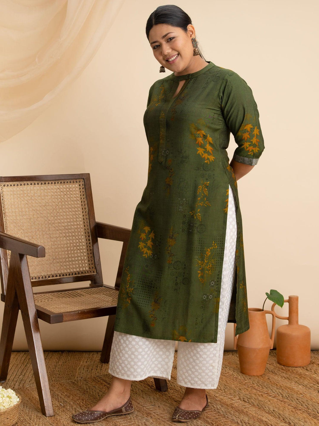 Plus Size Green Printed Rayon Kurta - ShopLibas