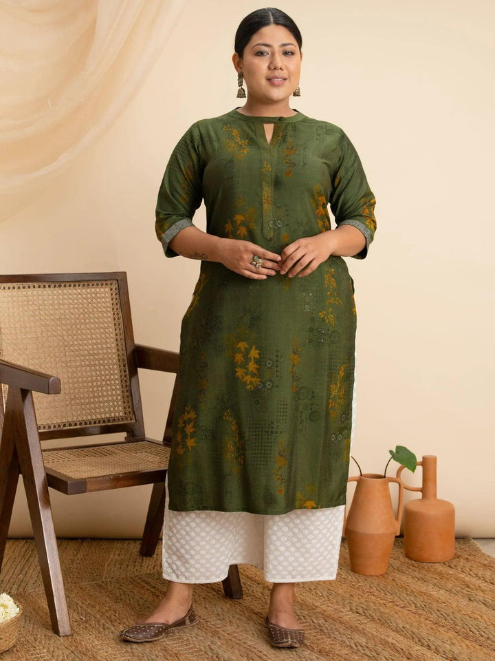 Plus Size Green Printed Rayon Kurta - ShopLibas