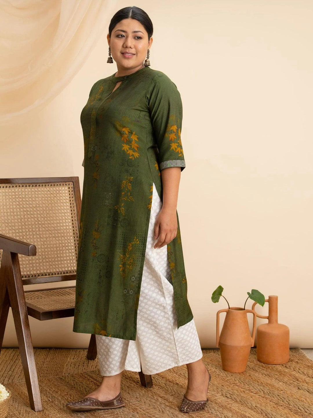 Plus Size Green Printed Rayon Kurta - ShopLibas