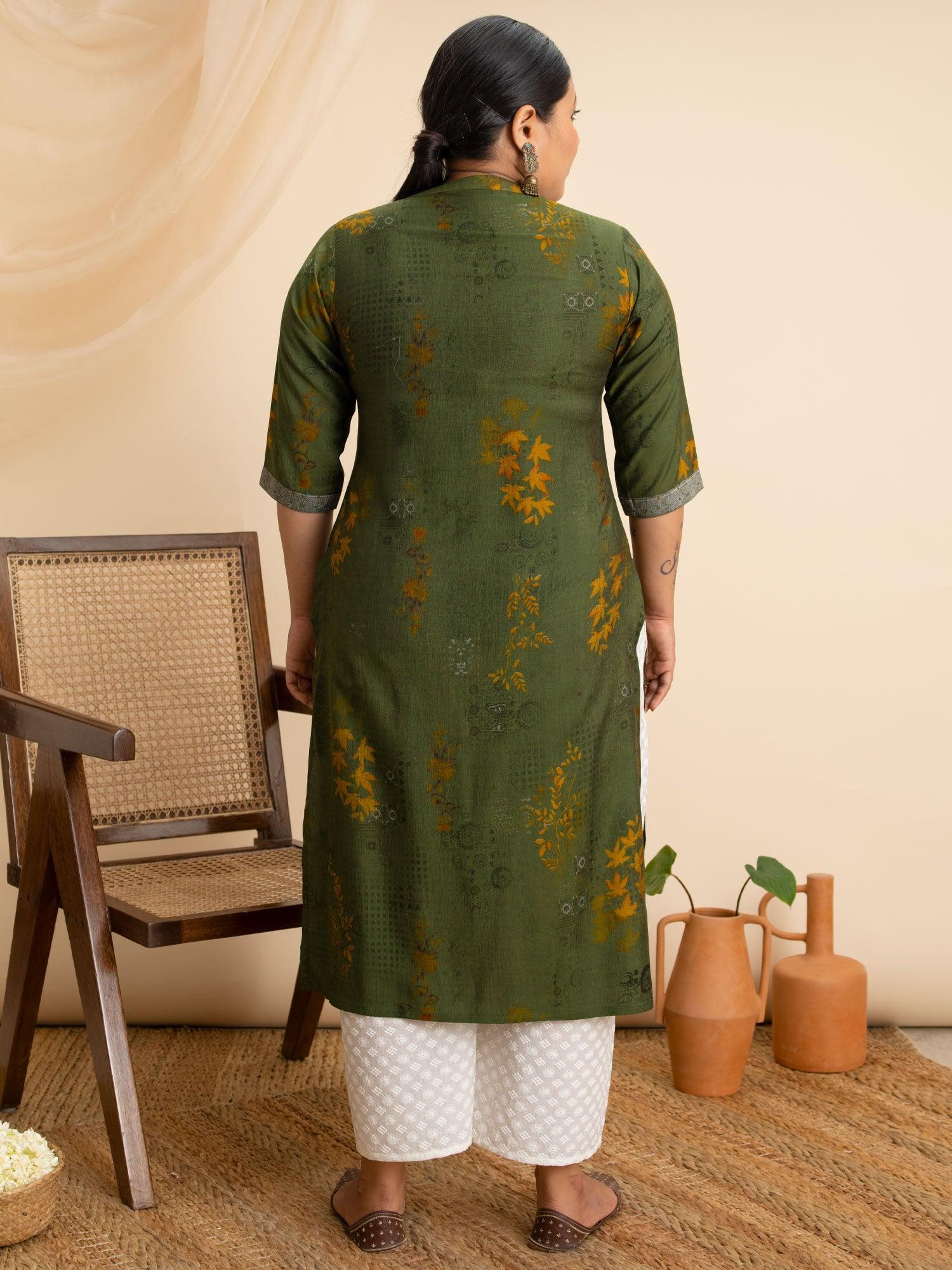 Plus Size Green Printed Rayon Kurta