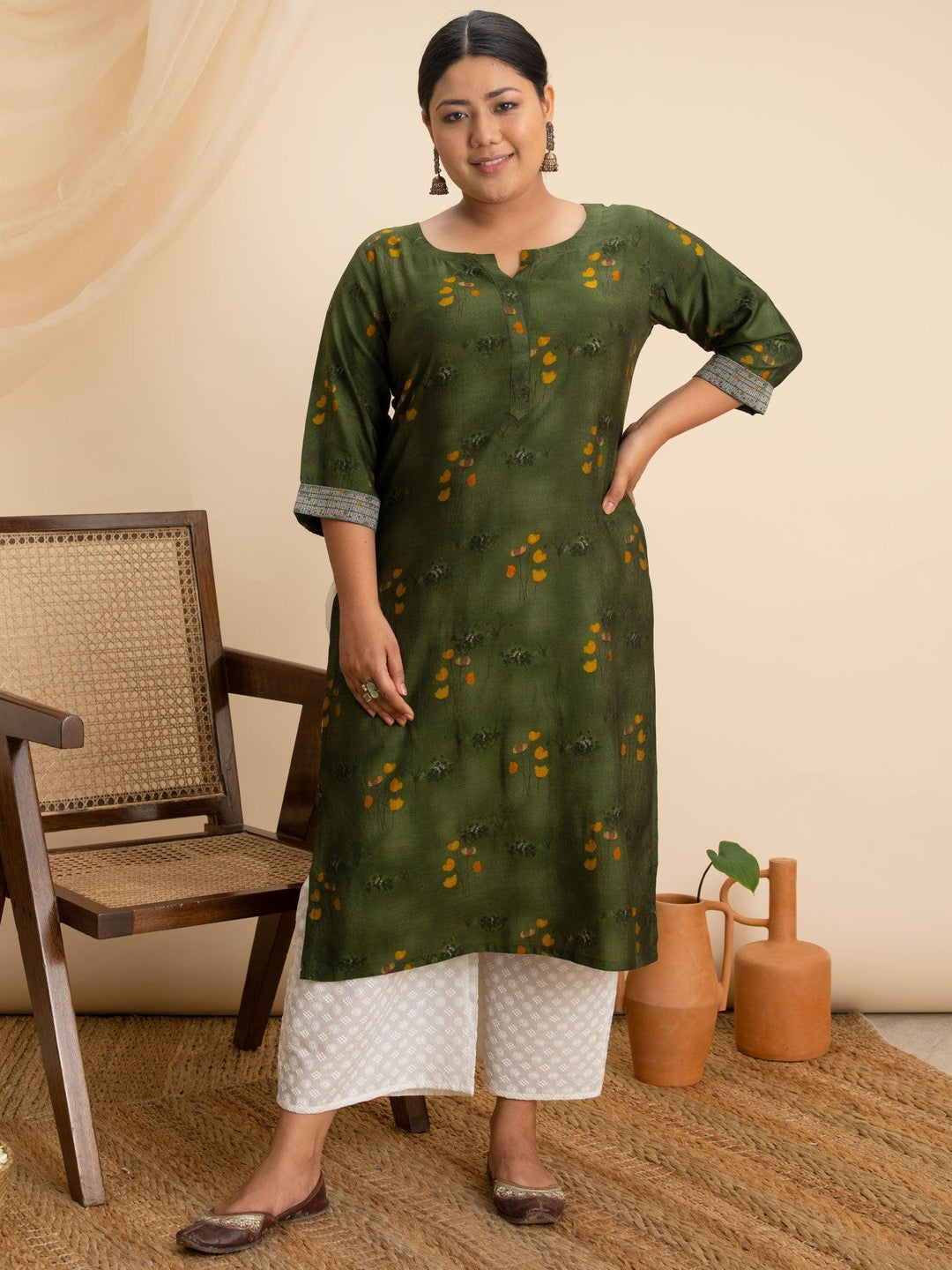 Plus Size Green Printed Rayon Kurta - ShopLibas