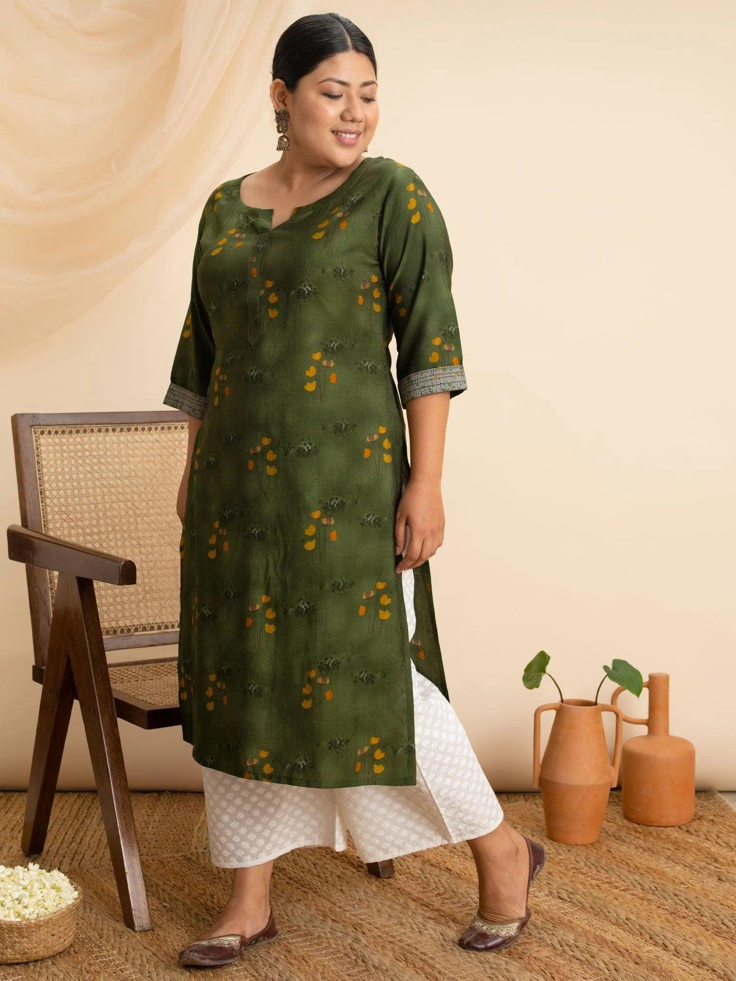 Plus Size Green Printed Rayon Kurta