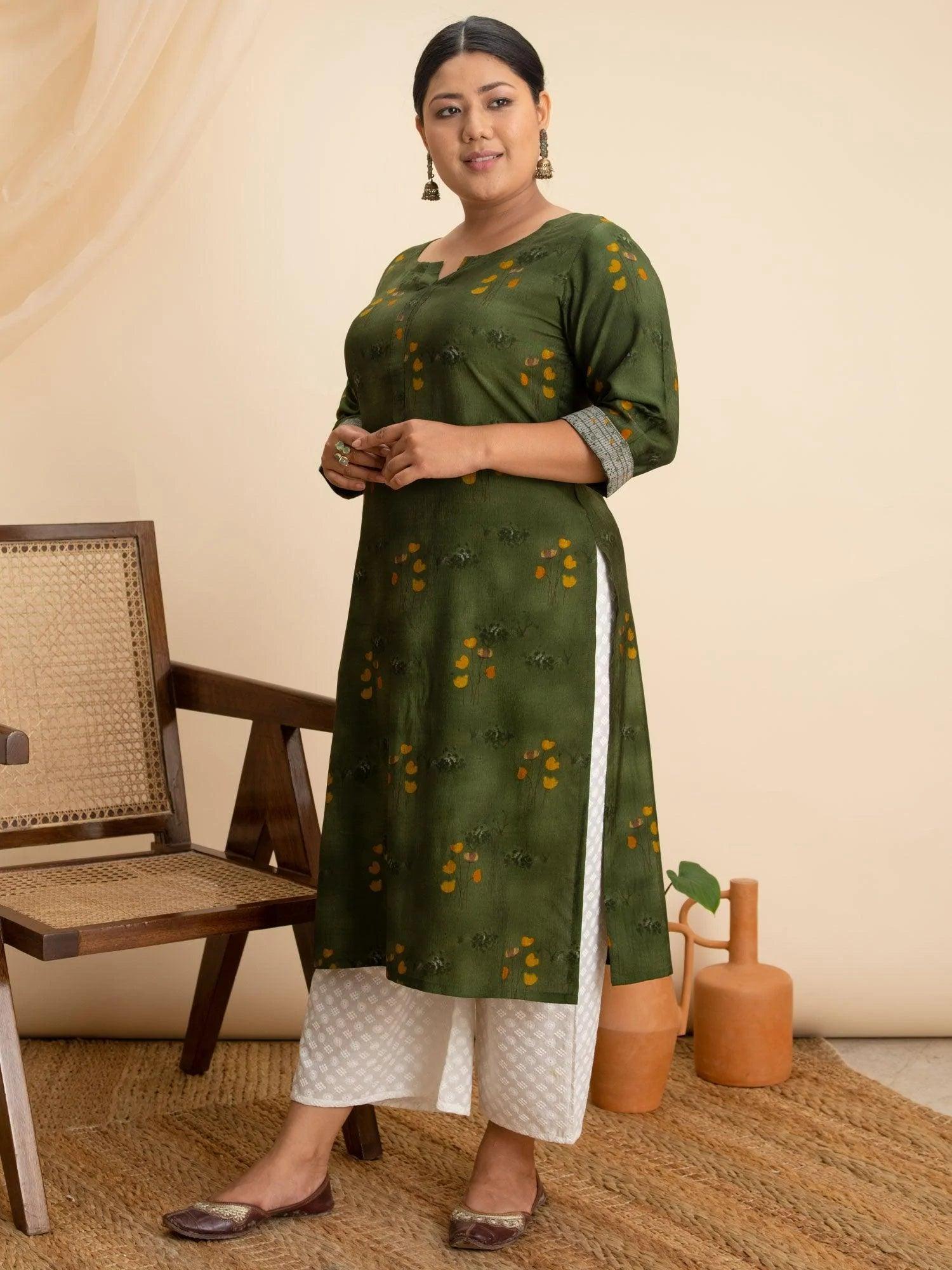 Plus Size Green Printed Rayon Kurta