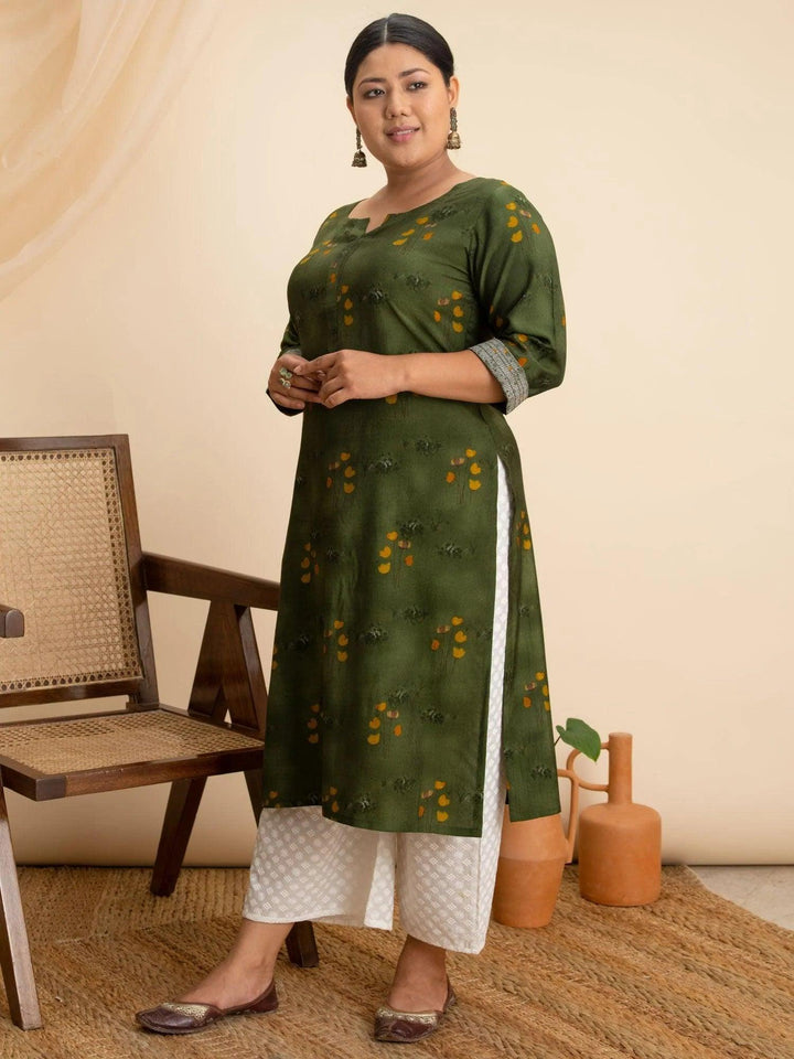 Plus Size Green Printed Rayon Kurta - ShopLibas