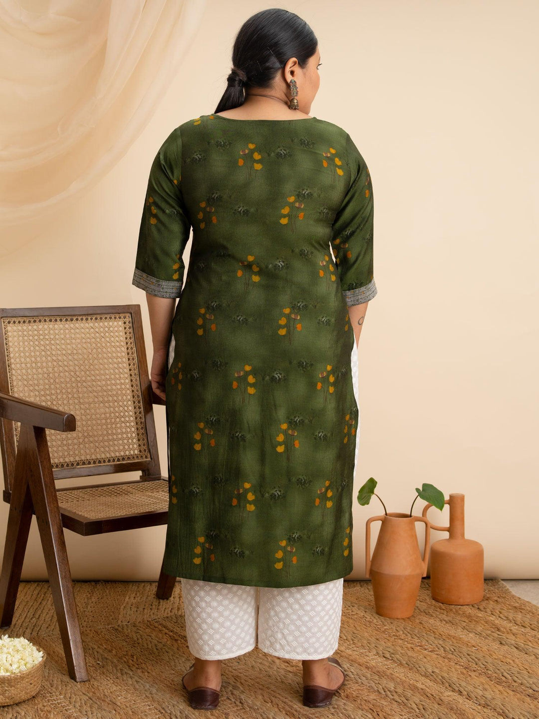 Plus Size Green Printed Rayon Kurta - ShopLibas