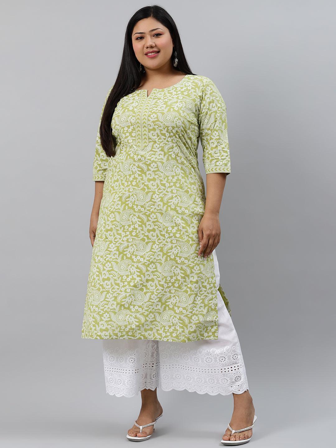 Plus Size Green Printed Cotton Kurta