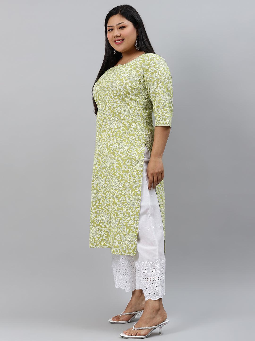 Plus Size Green Printed Cotton Kurta