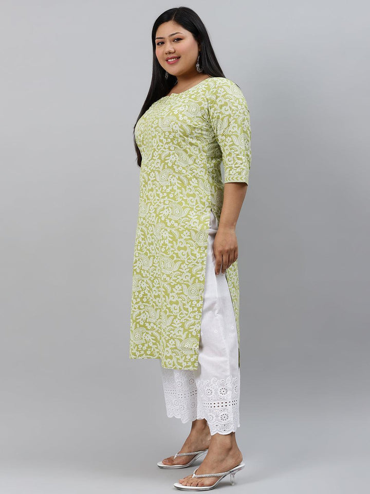 Plus Size Green Printed Cotton Kurta - ShopLibas