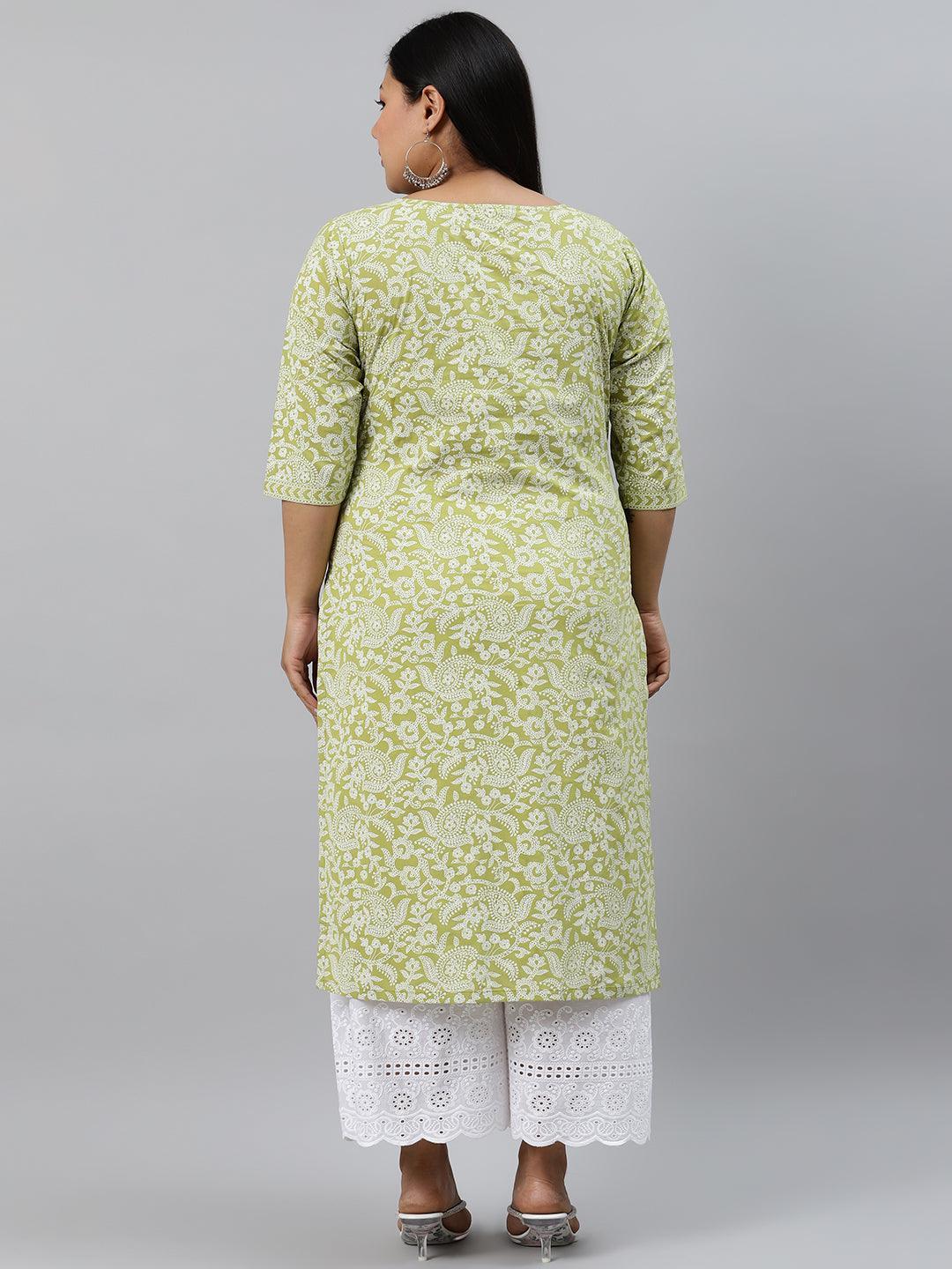 Plus Size Green Printed Cotton Kurta