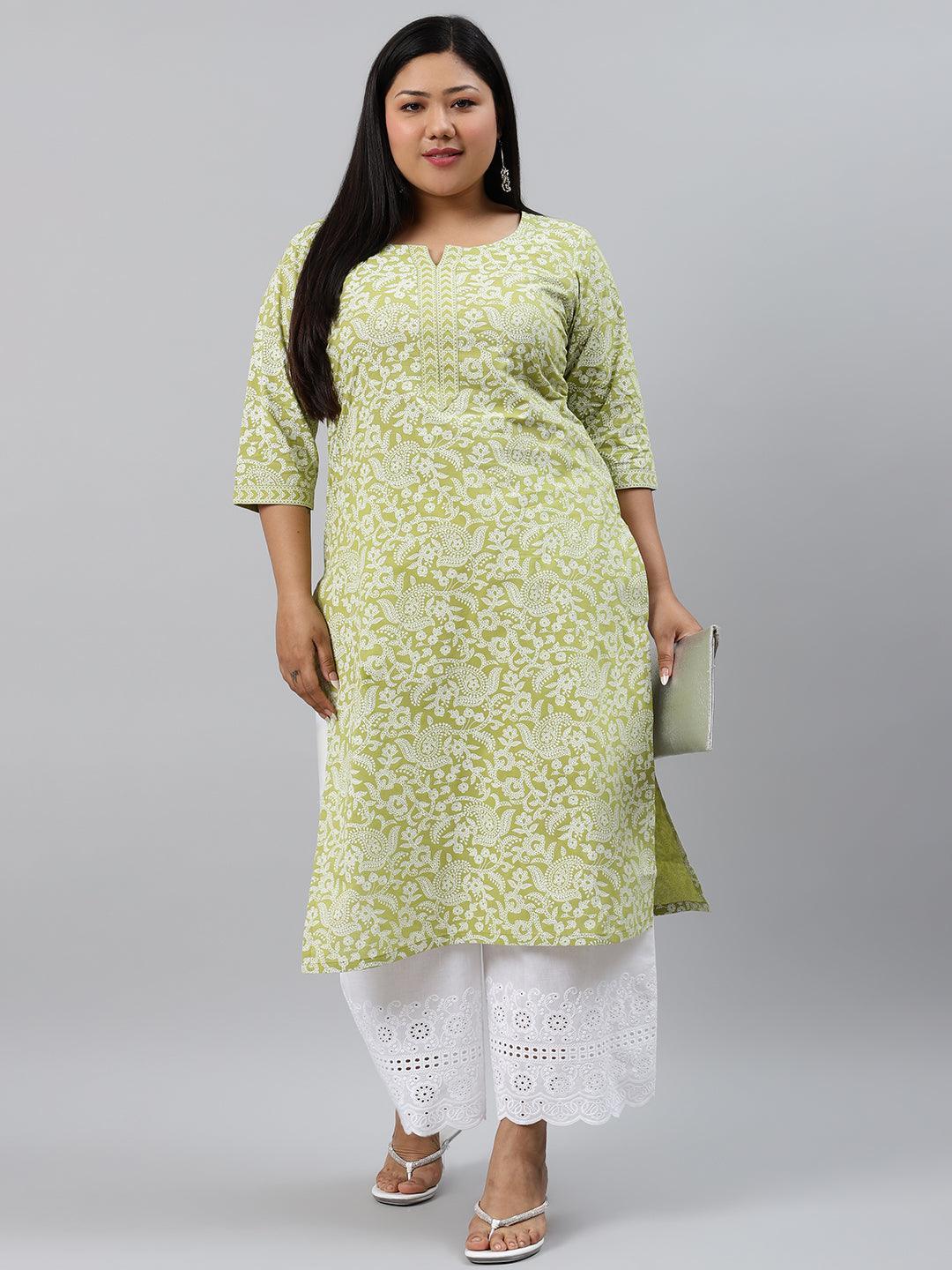 Plus Size Green Printed Cotton Kurta