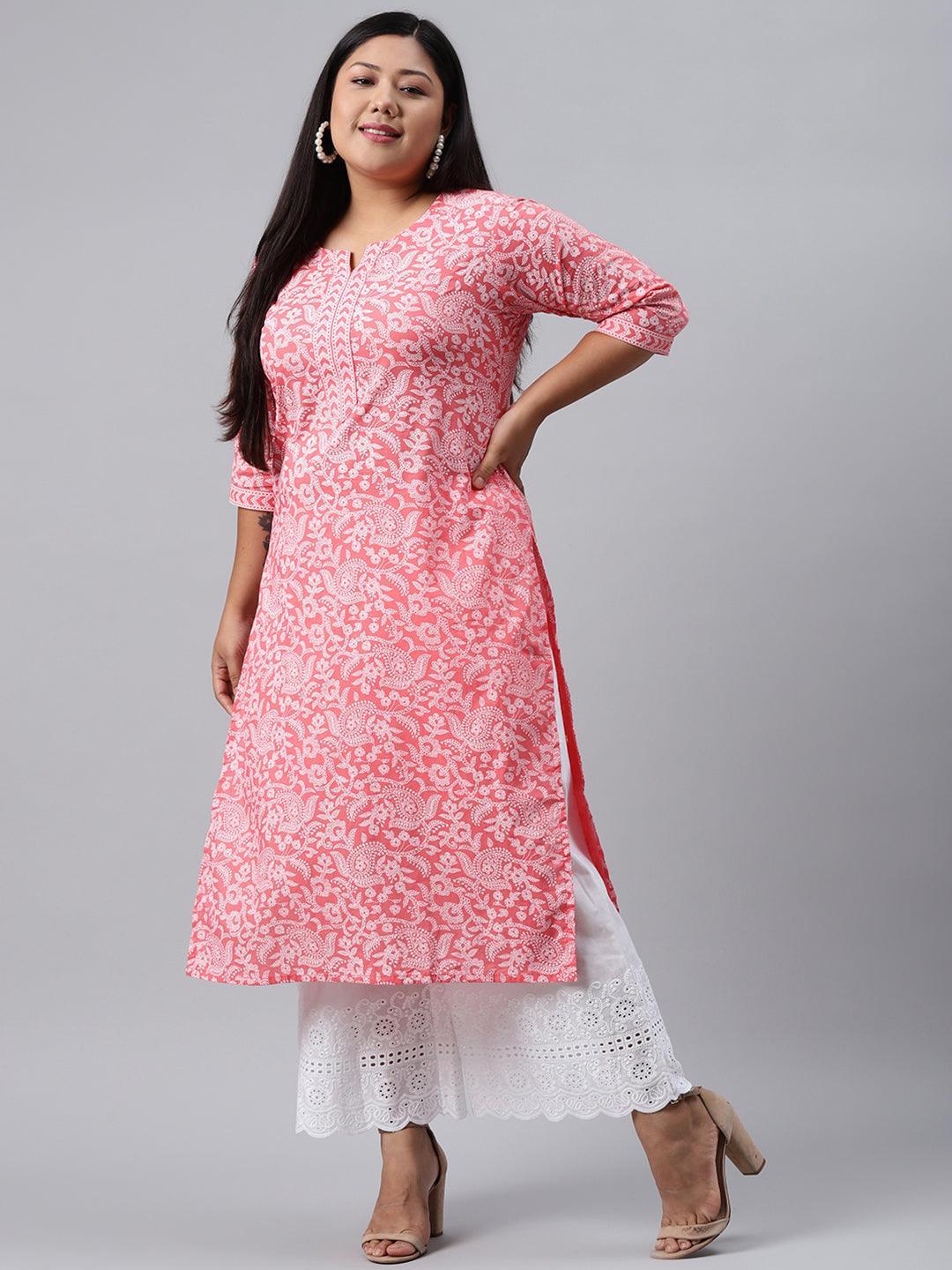 Plus Size Pink Printed Cotton Kurta