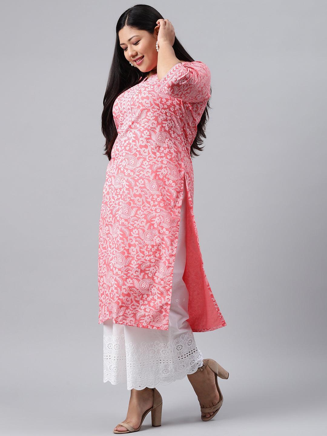 Plus Size Pink Printed Cotton Kurta