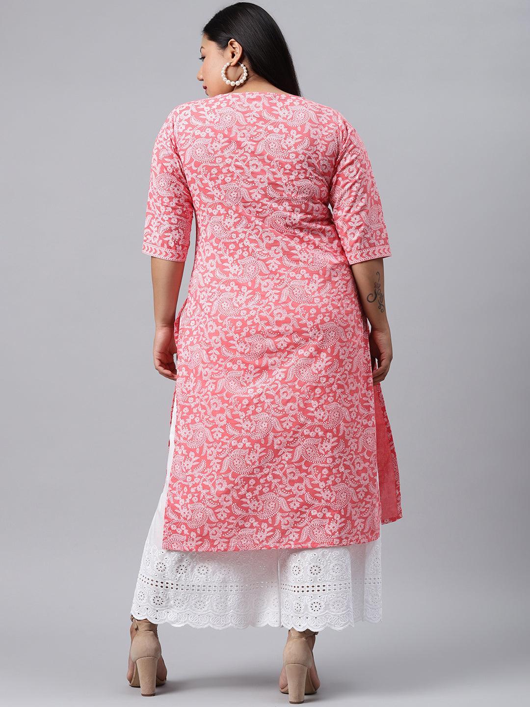 Plus Size Pink Printed Cotton Kurta - ShopLibas