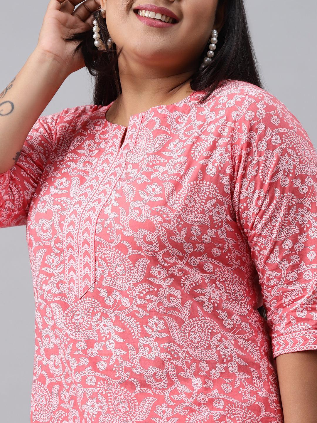 Plus Size Pink Printed Cotton Kurta - ShopLibas