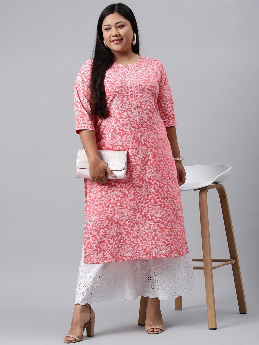 Plus Size Pink Printed Cotton Kurta