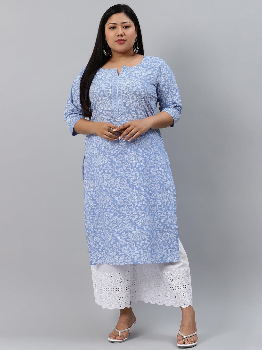 Plus Size Blue Printed Cotton Kurta