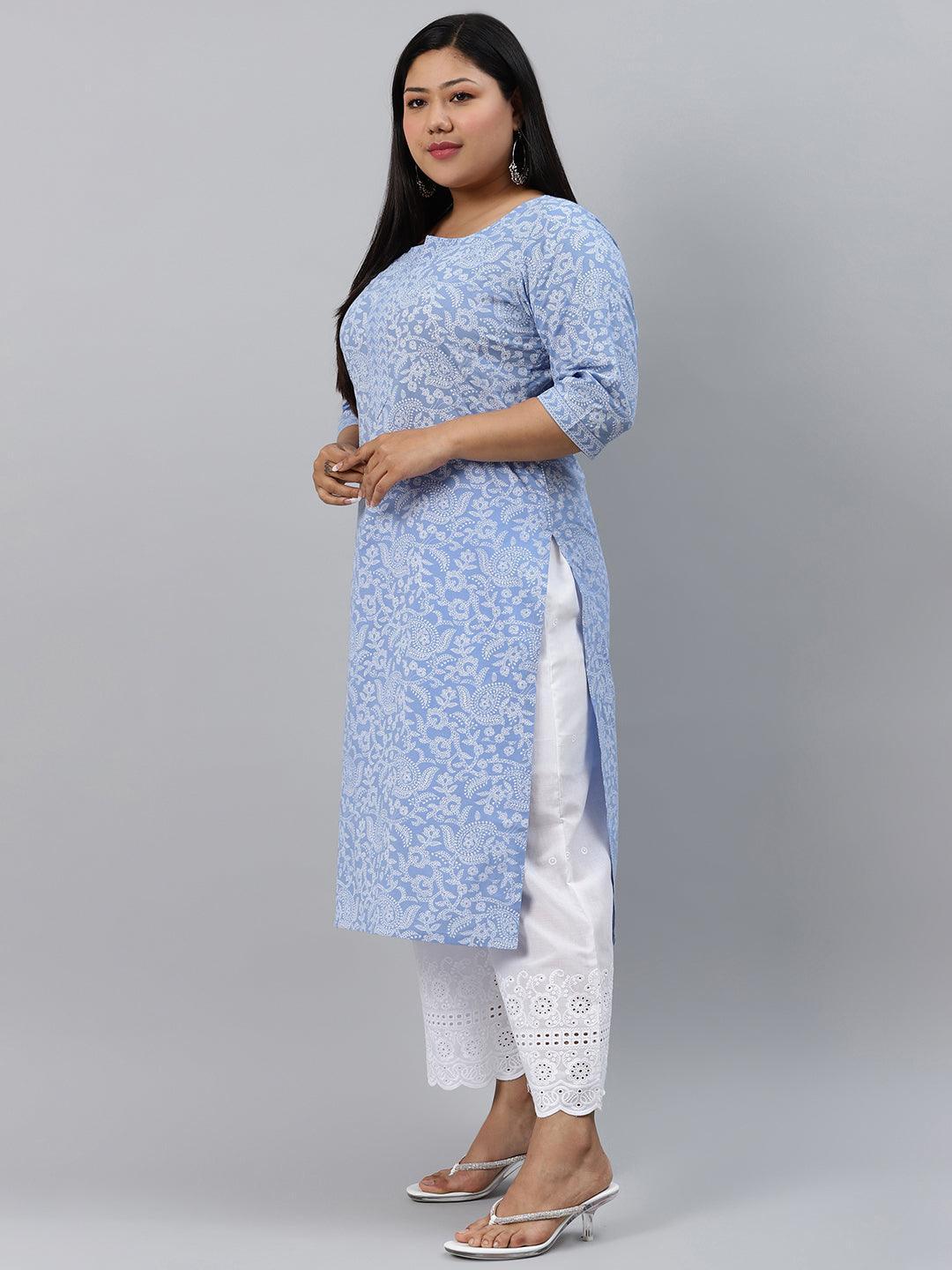 Plus Size Blue Printed Cotton Kurta