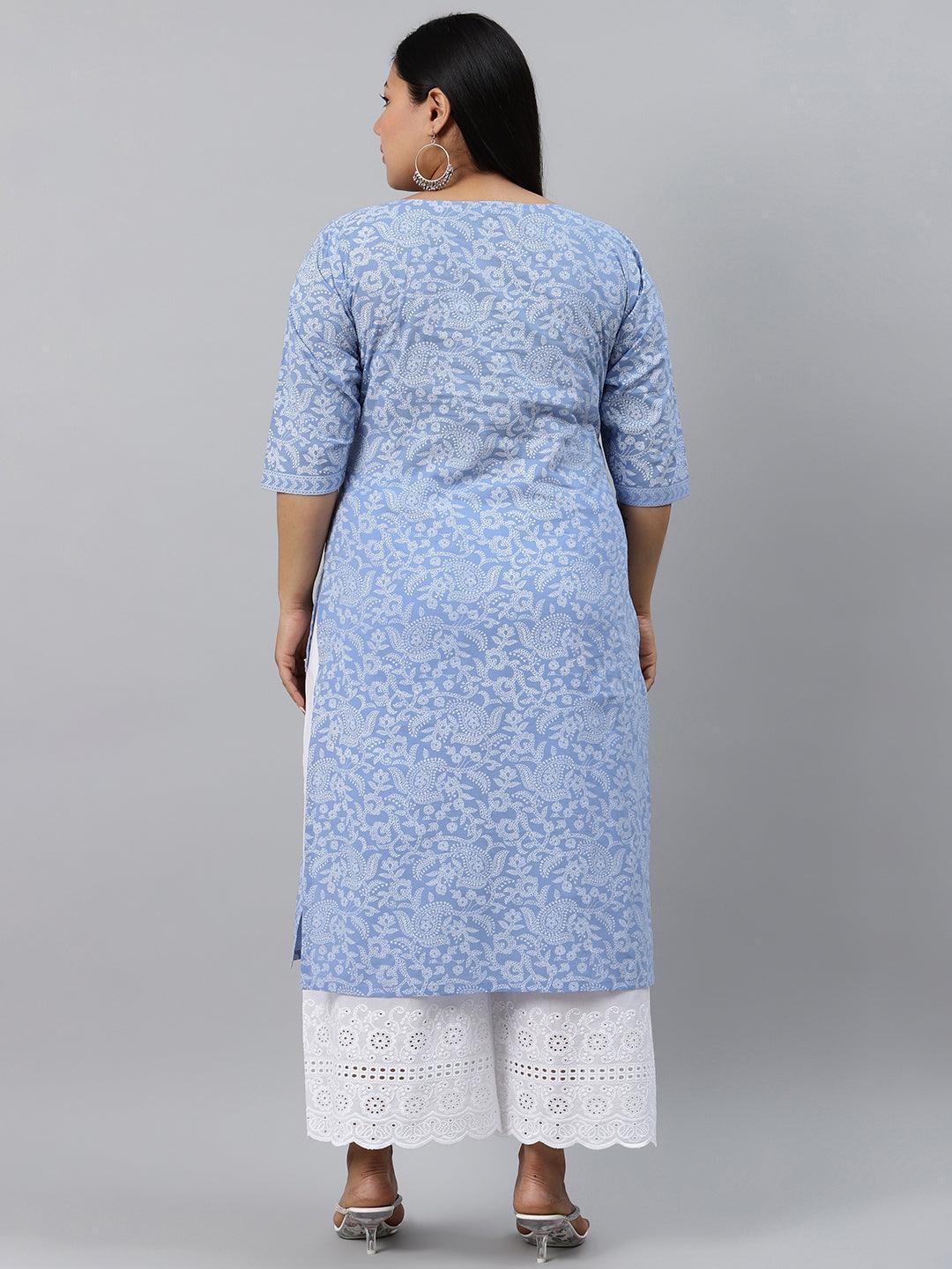 Plus Size Blue Printed Cotton Kurta