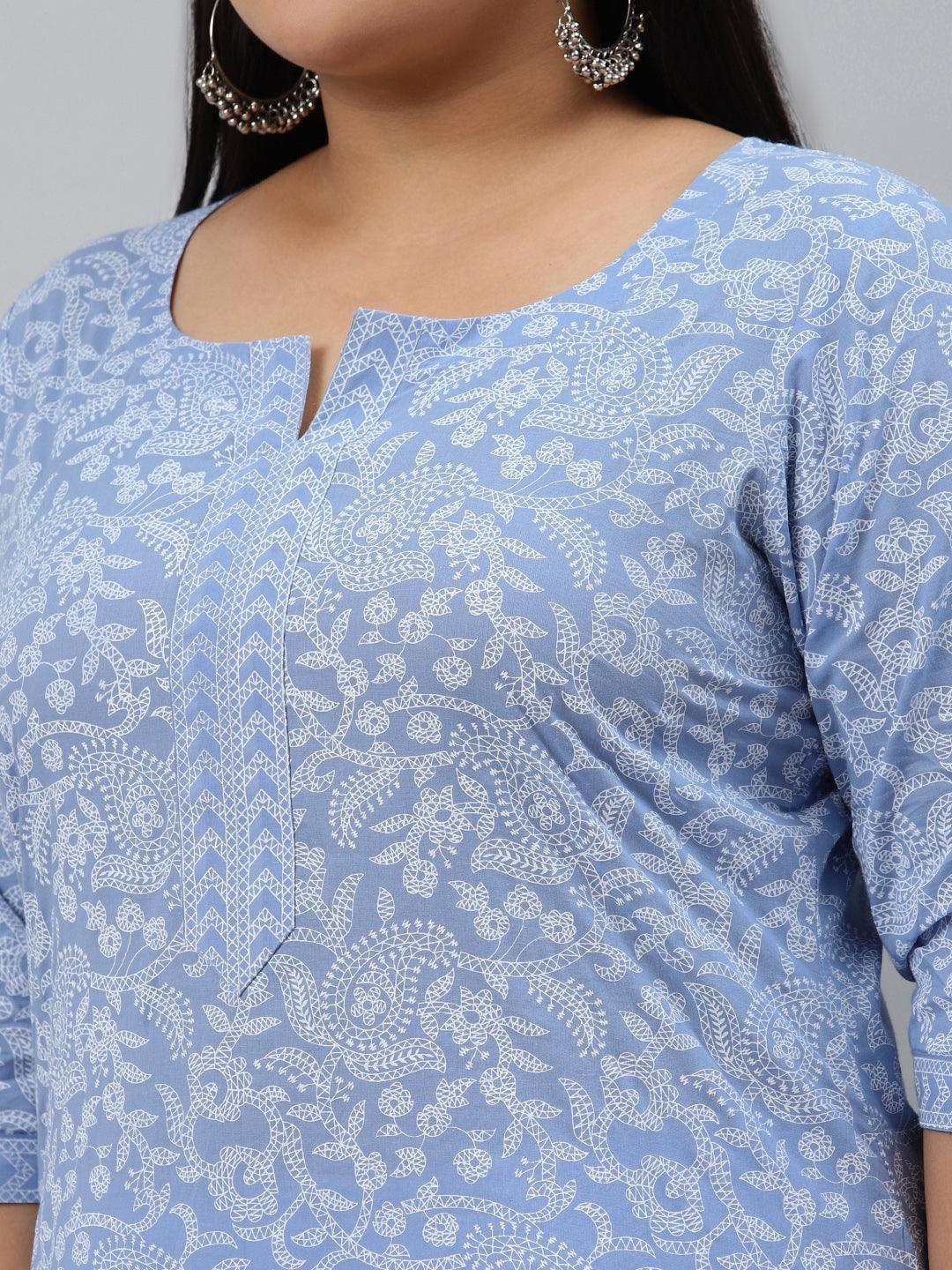 Plus Size Blue Printed Cotton Kurta