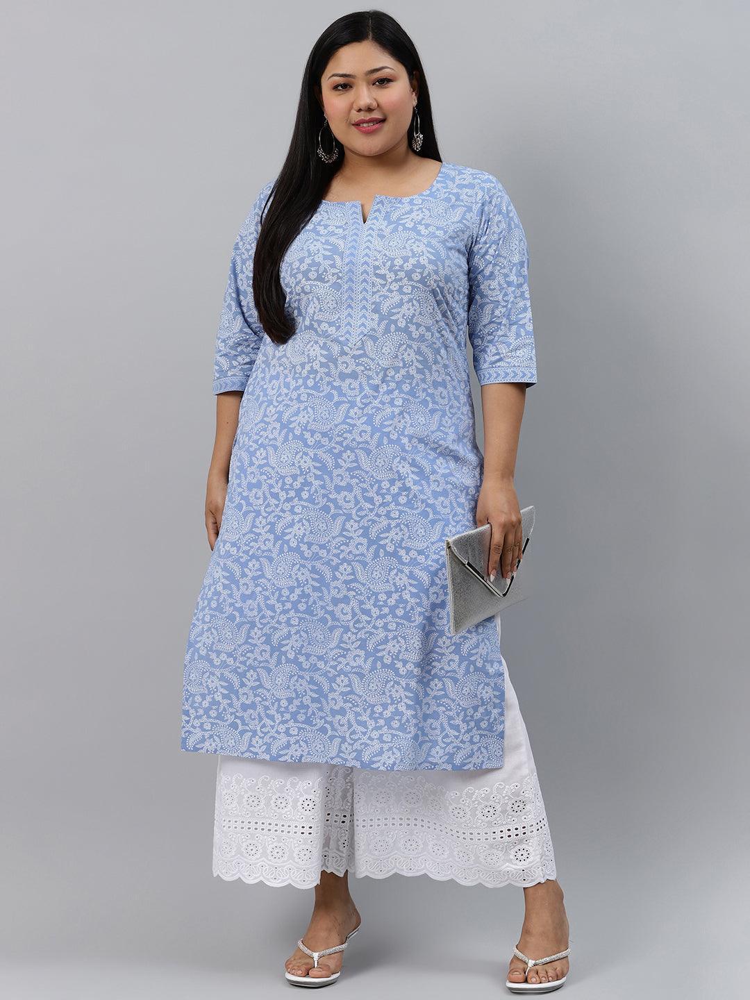 Plus Size Blue Printed Cotton Kurta