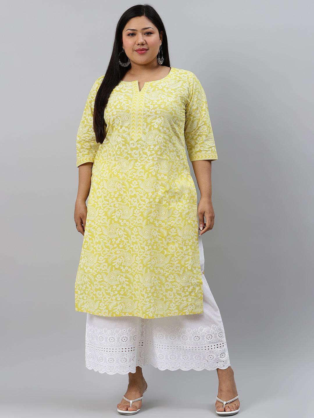 Plus Size Yellow Printed Cotton Kurta