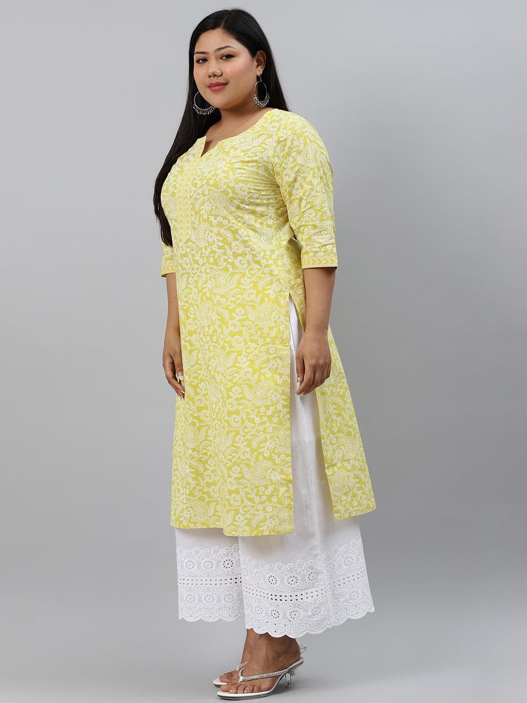 Plus Size Yellow Printed Cotton Kurta