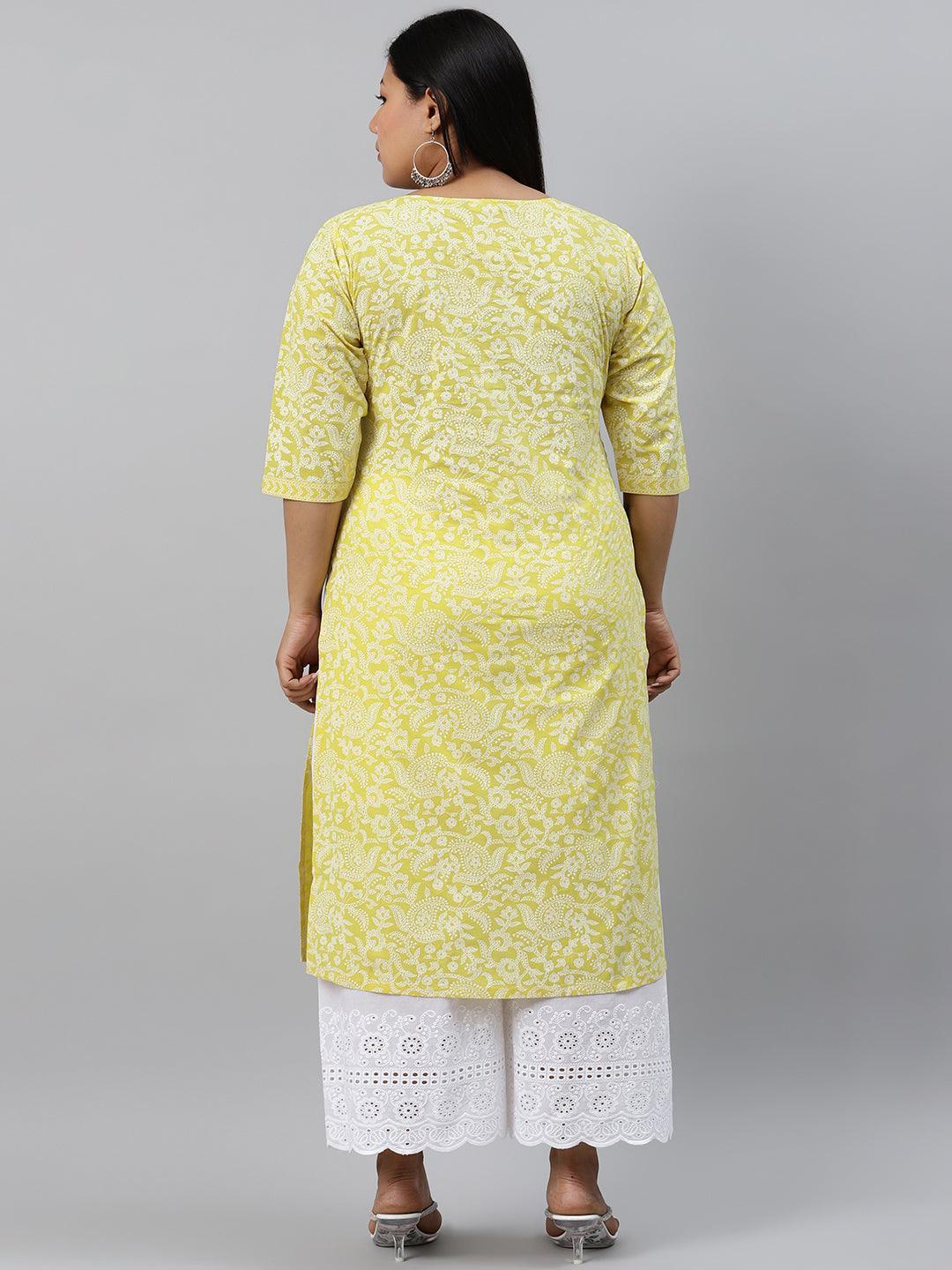 Plus Size Yellow Printed Cotton Kurta