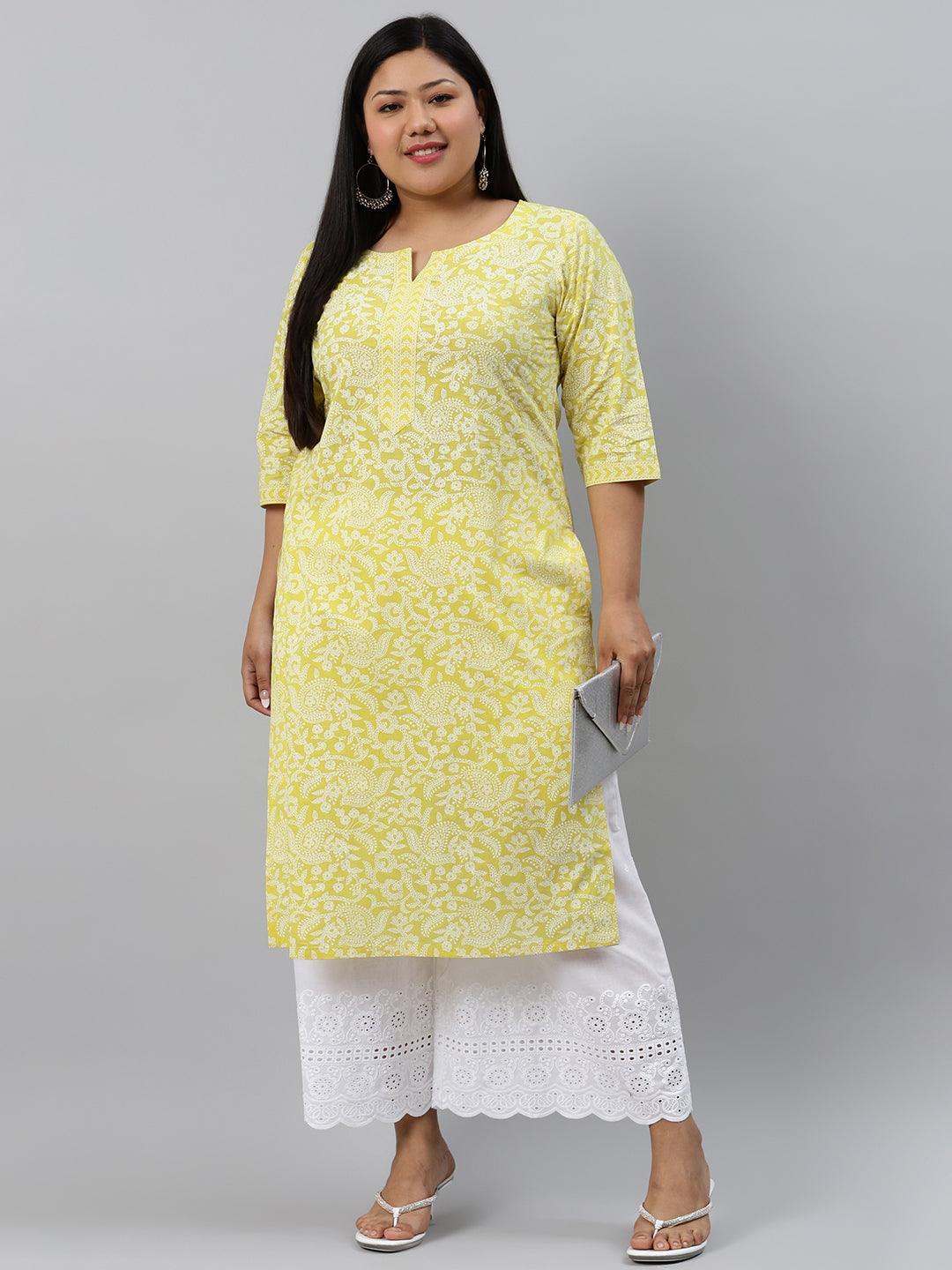 Plus Size Yellow Printed Cotton Kurta