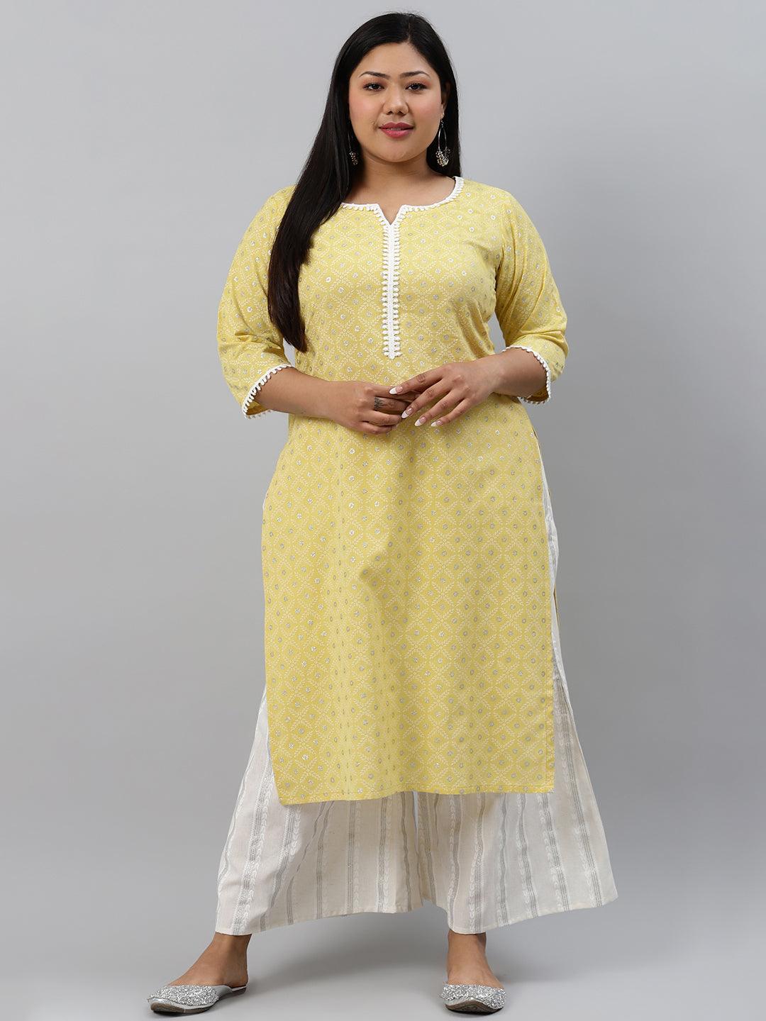 Plus Size Yellow Printed Cotton Kurta