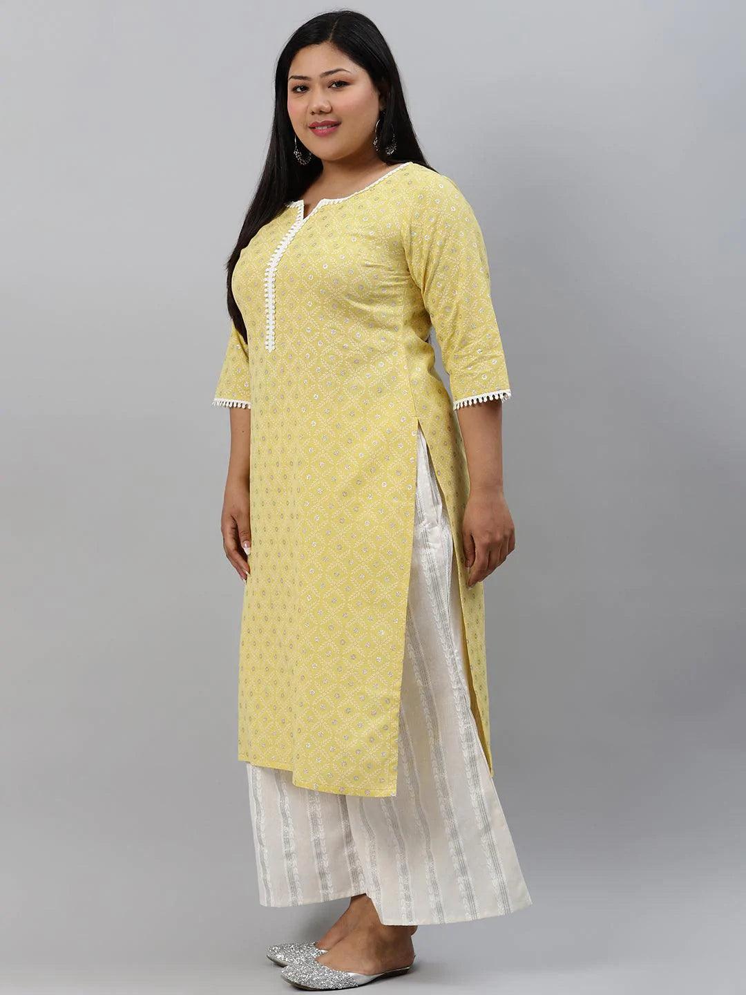 Plus Size Yellow Printed Cotton Kurta