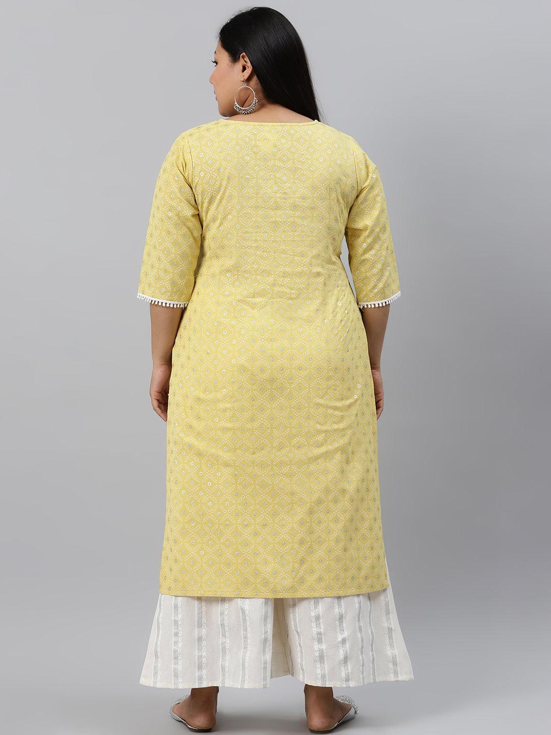 Plus Size Yellow Printed Cotton Kurta