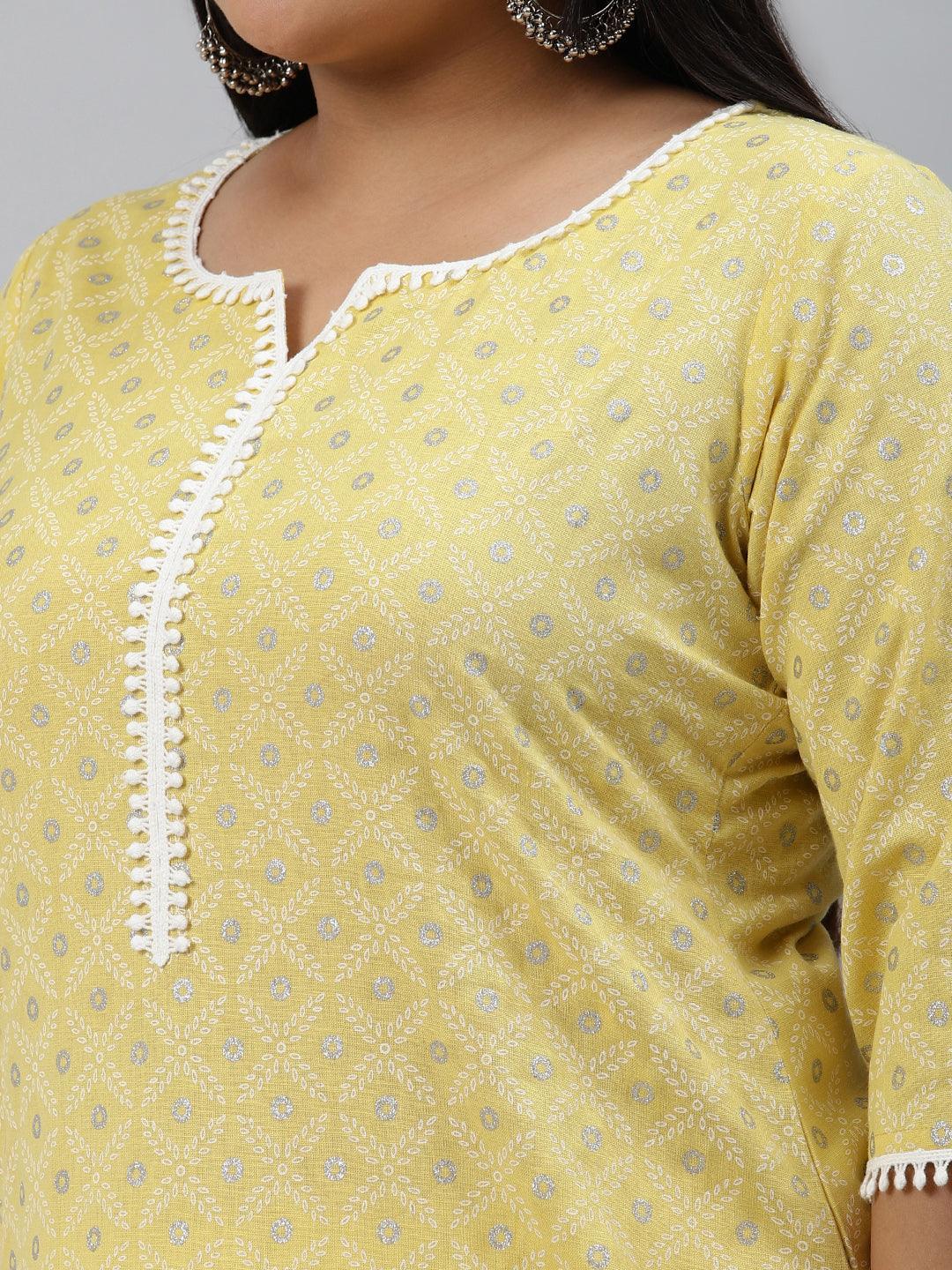 Plus Size Yellow Printed Cotton Kurta