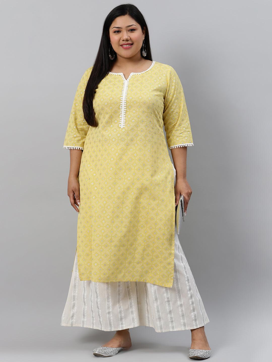 Plus Size Yellow Printed Cotton Kurta