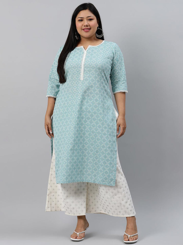 Plus Size Blue Printed Cotton Kurta - ShopLibas