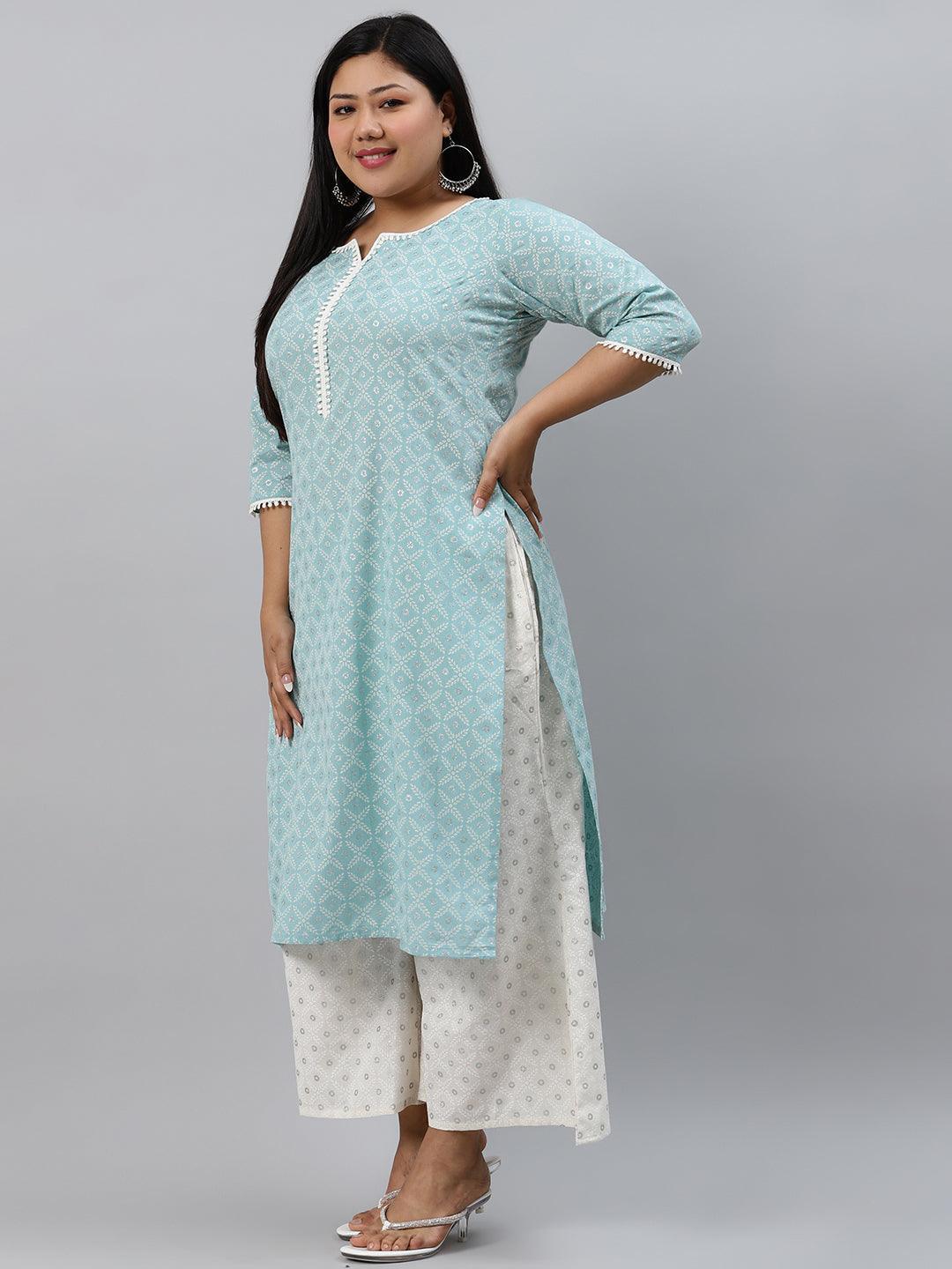 Plus Size Blue Printed Cotton Kurta - ShopLibas